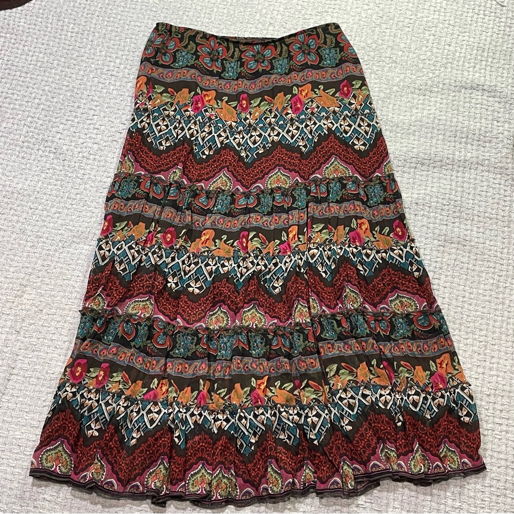 Silky Floral Multi Design Western Boho Pull on Full Skirt Fall Colors Size Small